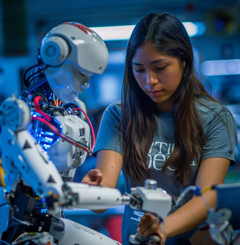 Estudiante y humanoide de Ingeniería Mecatrónica UTEC