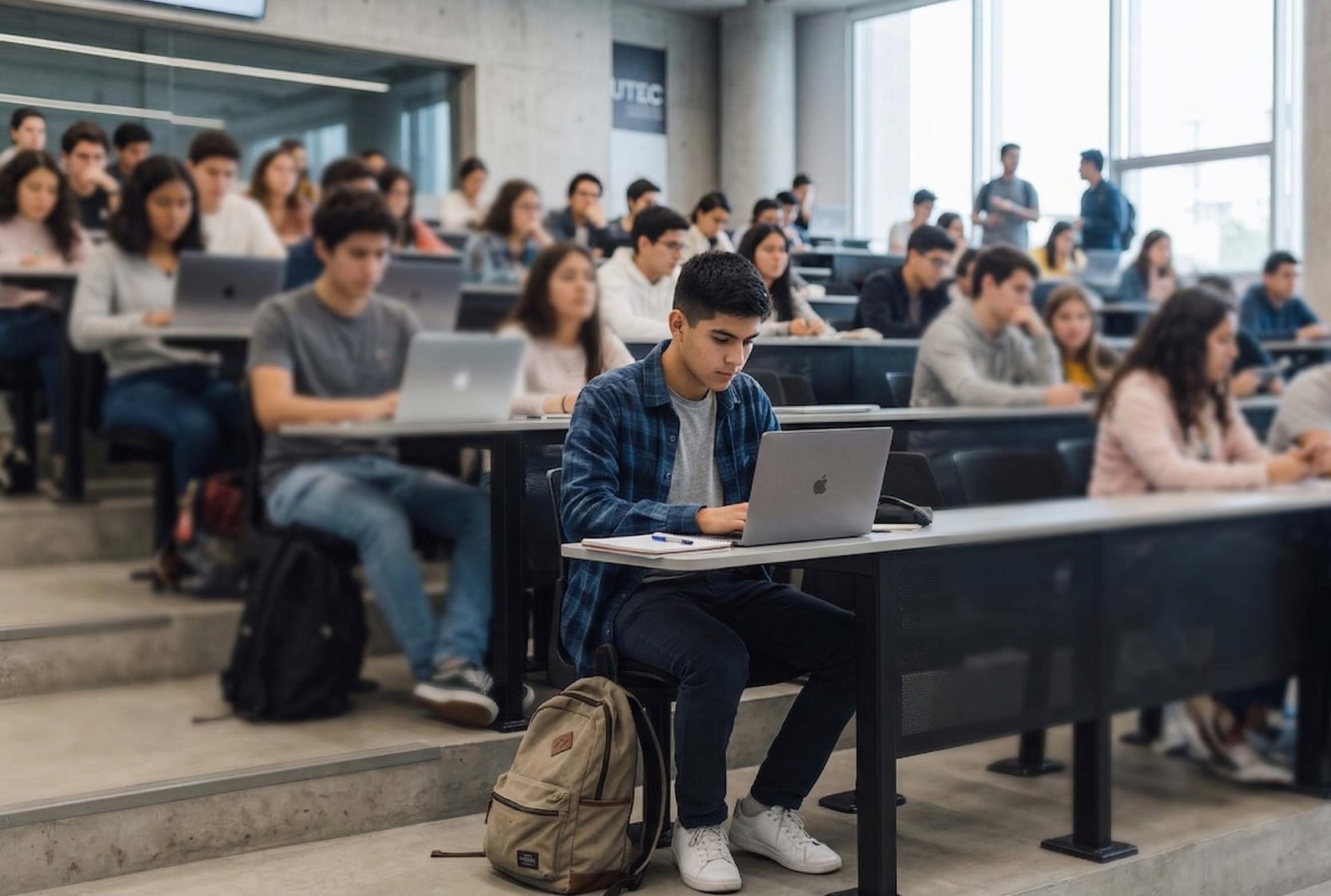 Estudiantes en un auditorio asistiendo a una clase sobre Machine Learning, ejemplificando los tipos de aprendizaje especializado y técnico en la universidad